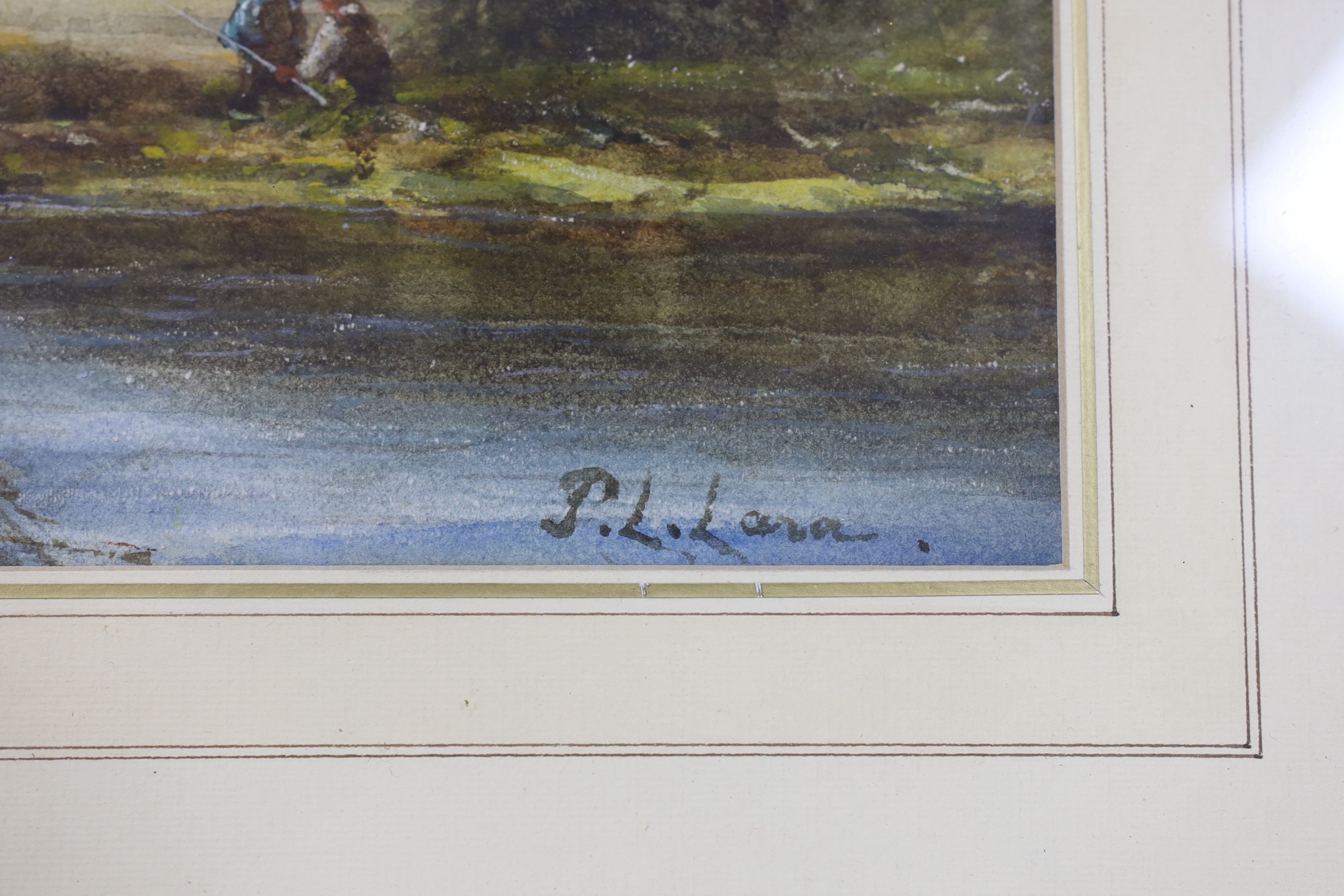 Percy Leslie Lara (b.1871), watercolour, River landscape with anglers, signed, 26 x 37cm